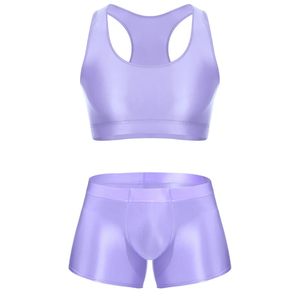 Men Glossy Stretchy Fitness Outfit U Sleeveless Crop Top Vest And Low Rise Boxer Nightwear Underwear Bathing Suit Workout Wear