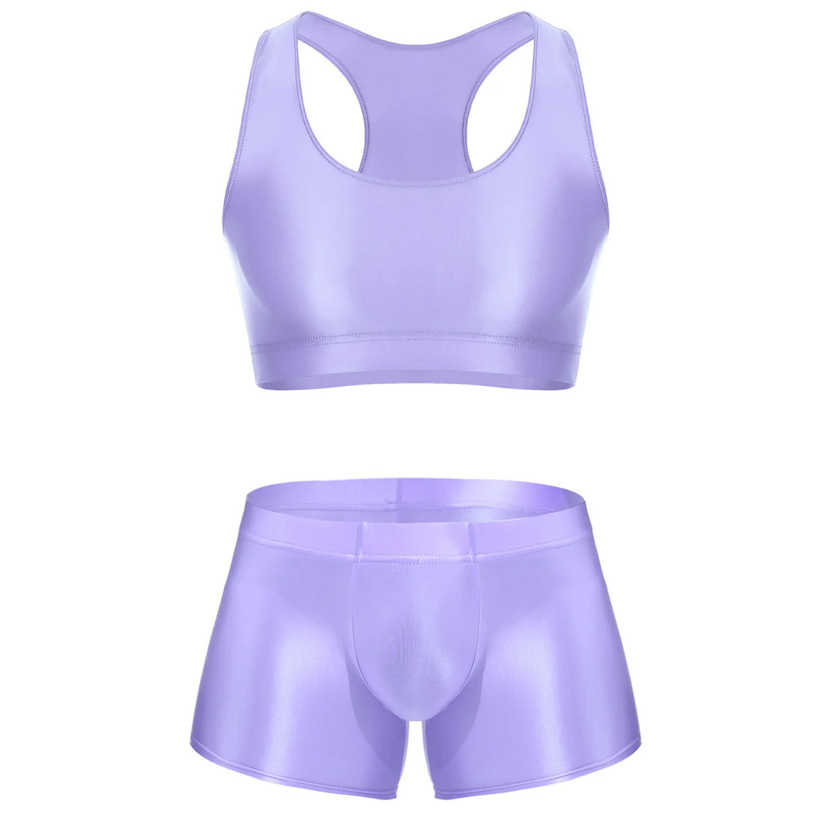 Men Glossy Stretchy Fitness Outfit U Sleeveless Crop Top Vest And Low Rise Boxer Nightwear Underwear Bathing Suit Workout Wear