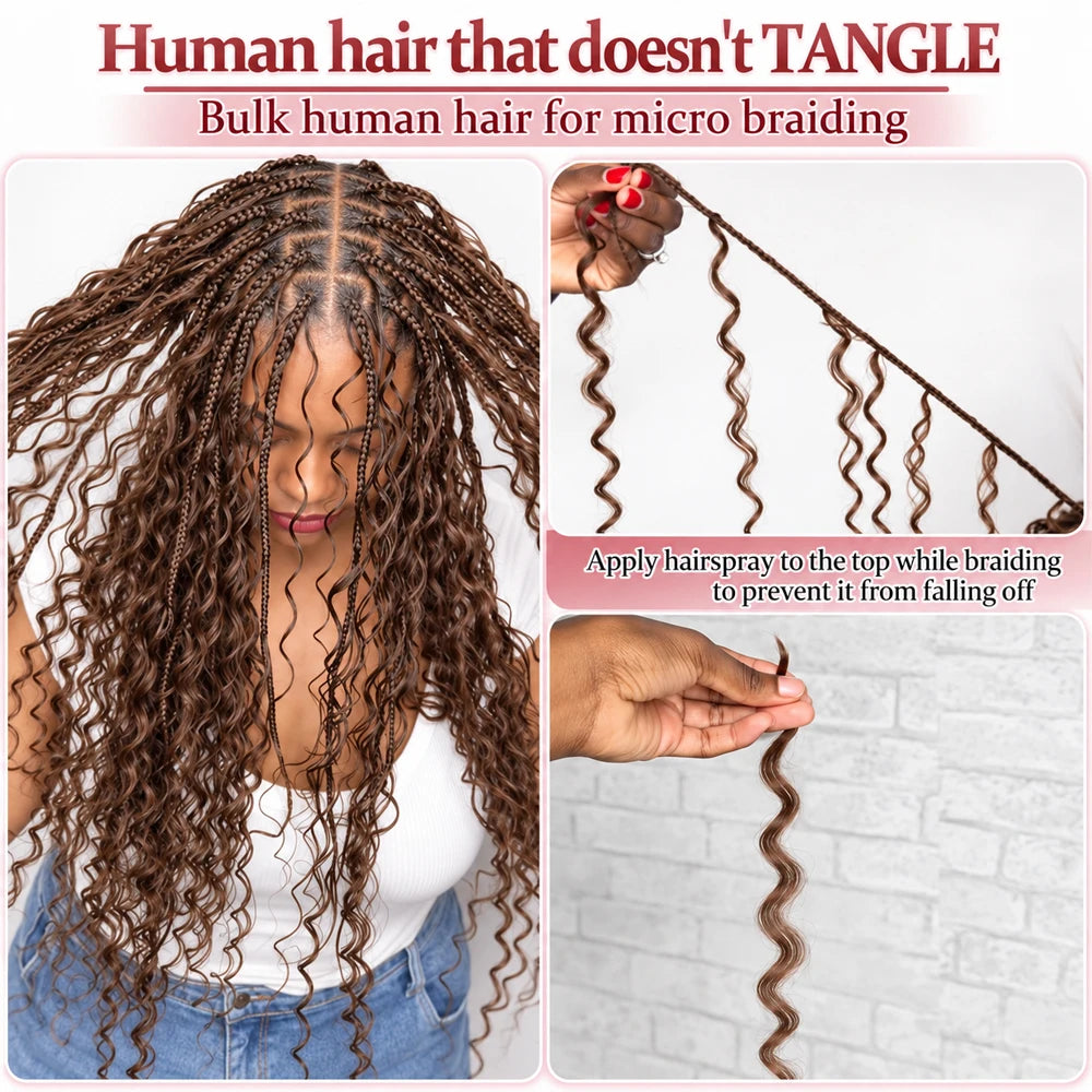 Miracle Knots #4 Brown Deep Wave Crochet Human Hair Pre Separated Feather Extensions Knotless Invisible Virgin Remy Soft Natural Wavy Texture Lightweight Boho Braiding Hair DIY Protective Style