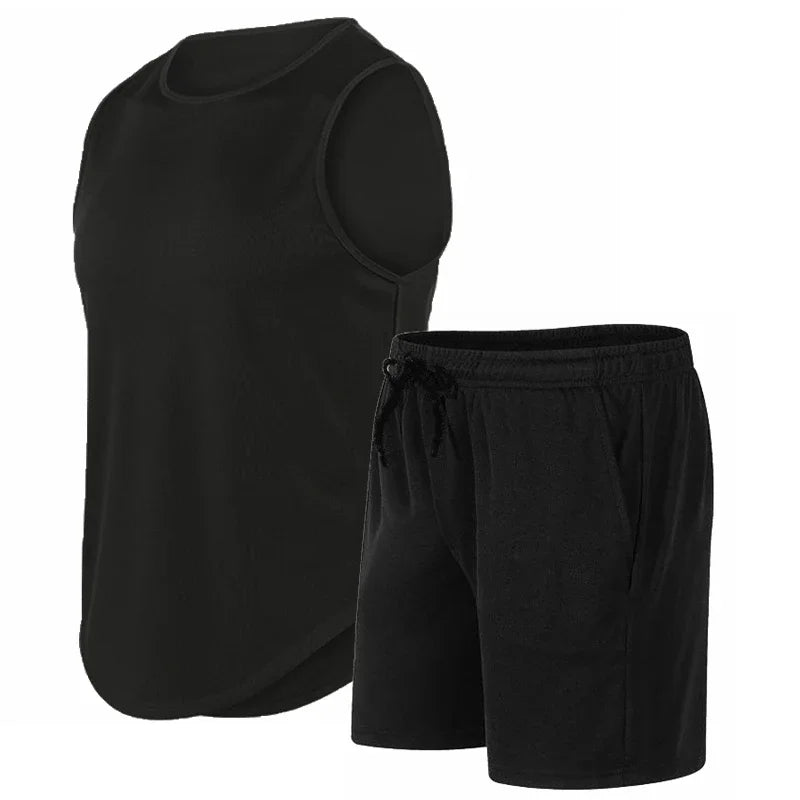Summer New Men's Fashionable Breathable Speed Drying Sleeveless Round Neck T-shirt Set Outdoor Running Sportswear