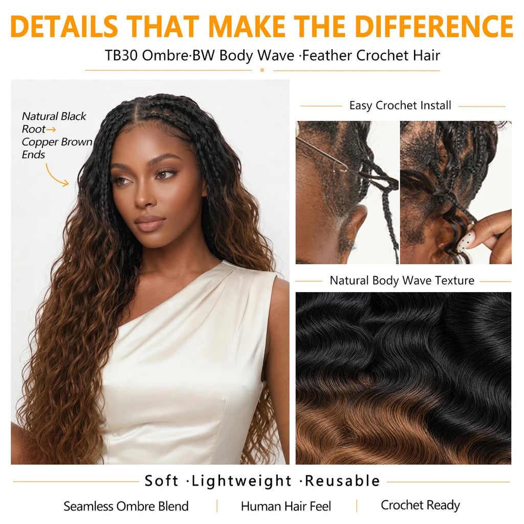 Miracle Knots T1B/30 TB30 Ombre Highlight 12A Human Hair Body Wave Feather Crochet Hair Invisible Knotless Pre Separated Boho Braiding Hair Soft Bouncy Natural Looking Easy Install