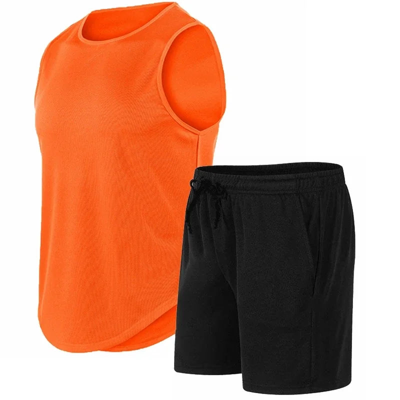 Summer New Men's Fashionable Breathable Speed Drying Sleeveless Round Neck T-shirt Set Outdoor Running Sportswear