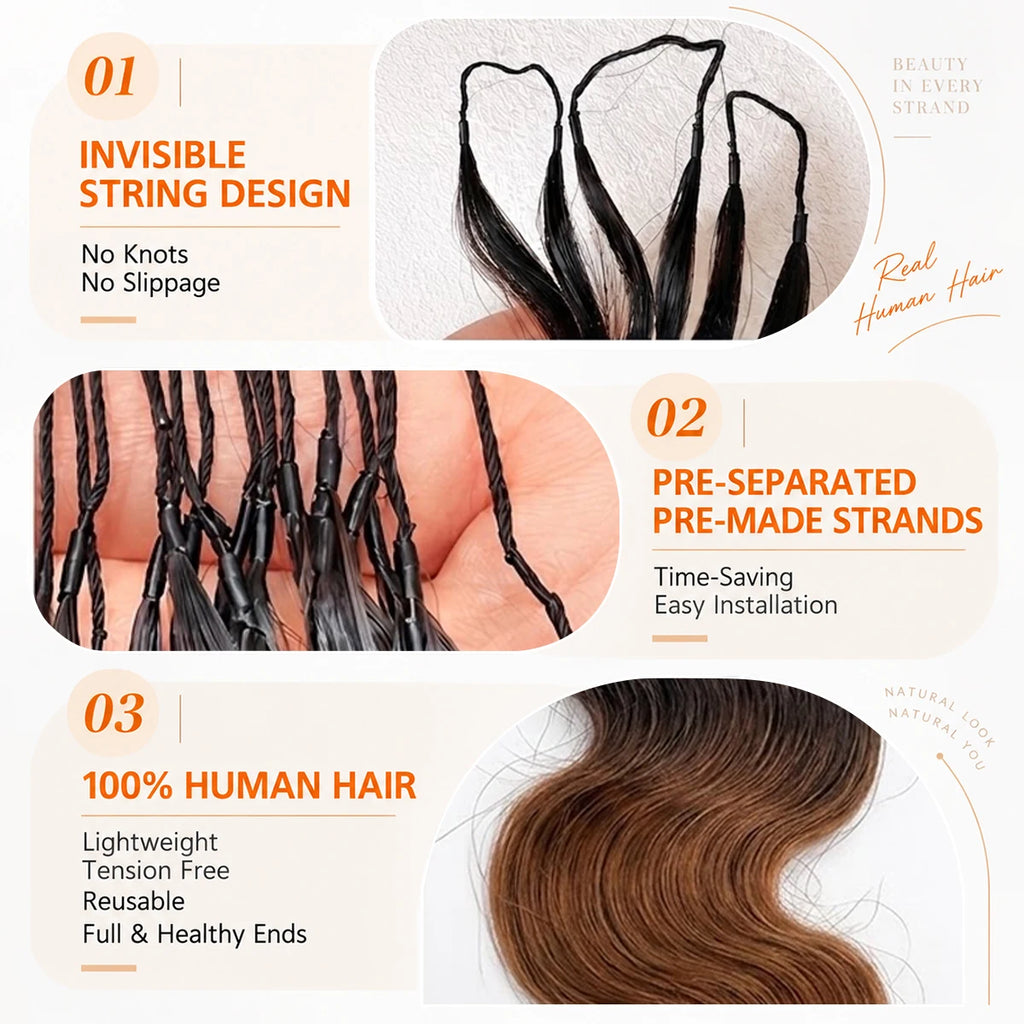 TB30 T1B/30 Ombre Highlight Body Wave Crochet Human Hair Miracle Knots Feather Extensions Invisible Knotless Pre Separated Boho Braiding Hair Natural Texture Soft Bouncy For Women