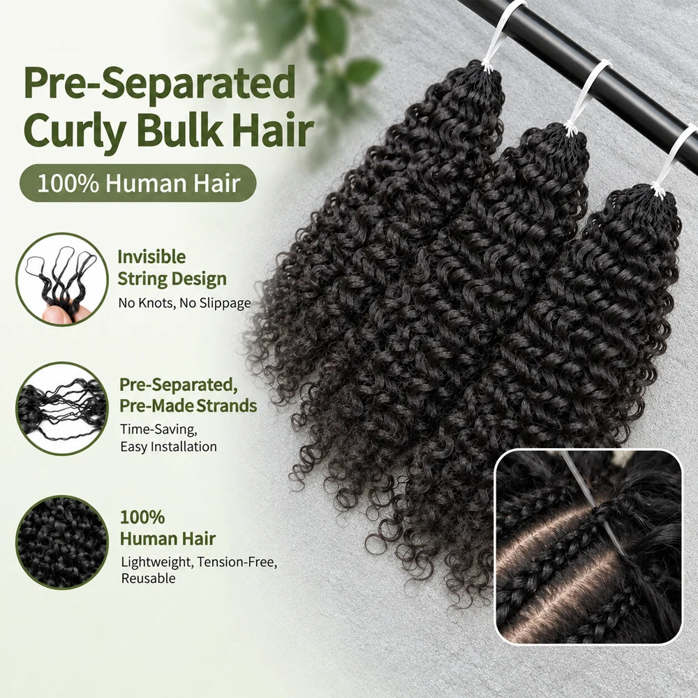 Kinky Curly Human Hair Crochet Extensions Small Spiral Curls Feather Crochet Braiding Hair Miracle Knots Pre Separated Invisible Knotless Seamless Hair Soft Full Natural Texture Easy Install Reusable