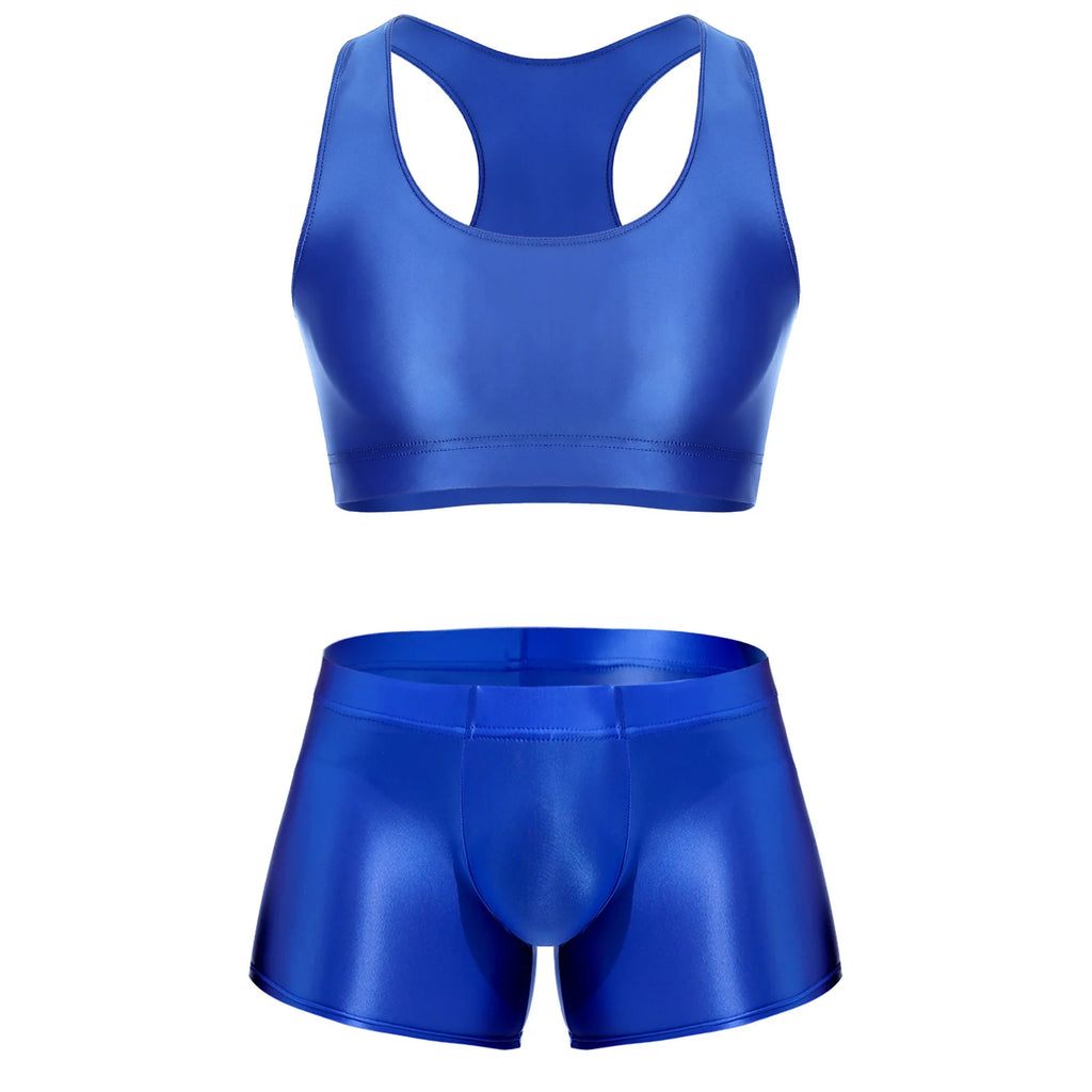 Men Glossy Stretchy Fitness Outfit U Sleeveless Crop Top Vest And Low Rise Boxer Nightwear Underwear Bathing Suit Workout Wear