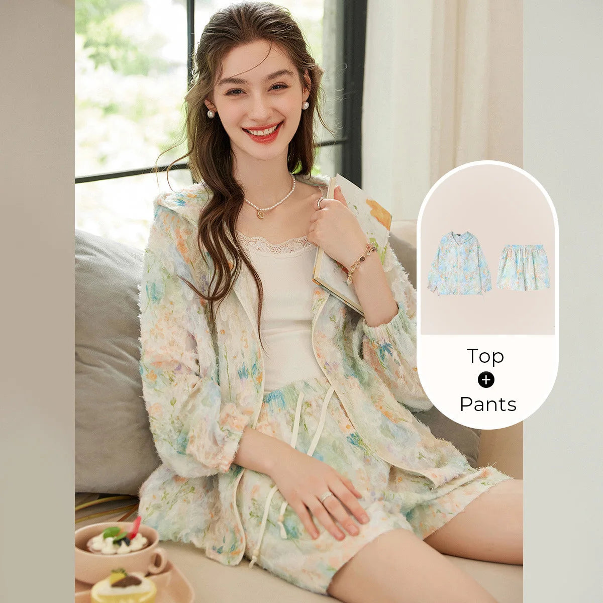 LOUIS YAO Women's Set 2026 Spring and Autumn Casual Set Printed Hooded Two-Piece Set Loose Long Sleeve Coat & Short Pants
