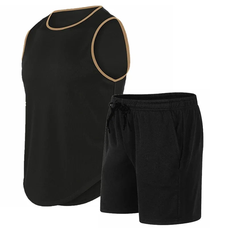 Summer New Men's Fashionable Breathable Speed Drying Sleeveless Round Neck T-shirt Set Outdoor Running Sportswear