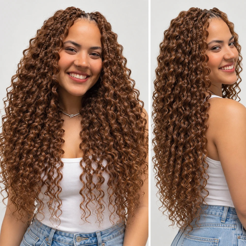 #4 Brown Deep Wave Miracle Knots Human Crochet Hair Feather Knotless Pre-Separated Boho Braiding Hair Raw Brazilian Virgin Human Hair Extensions Soft Natural Lightweight For Women