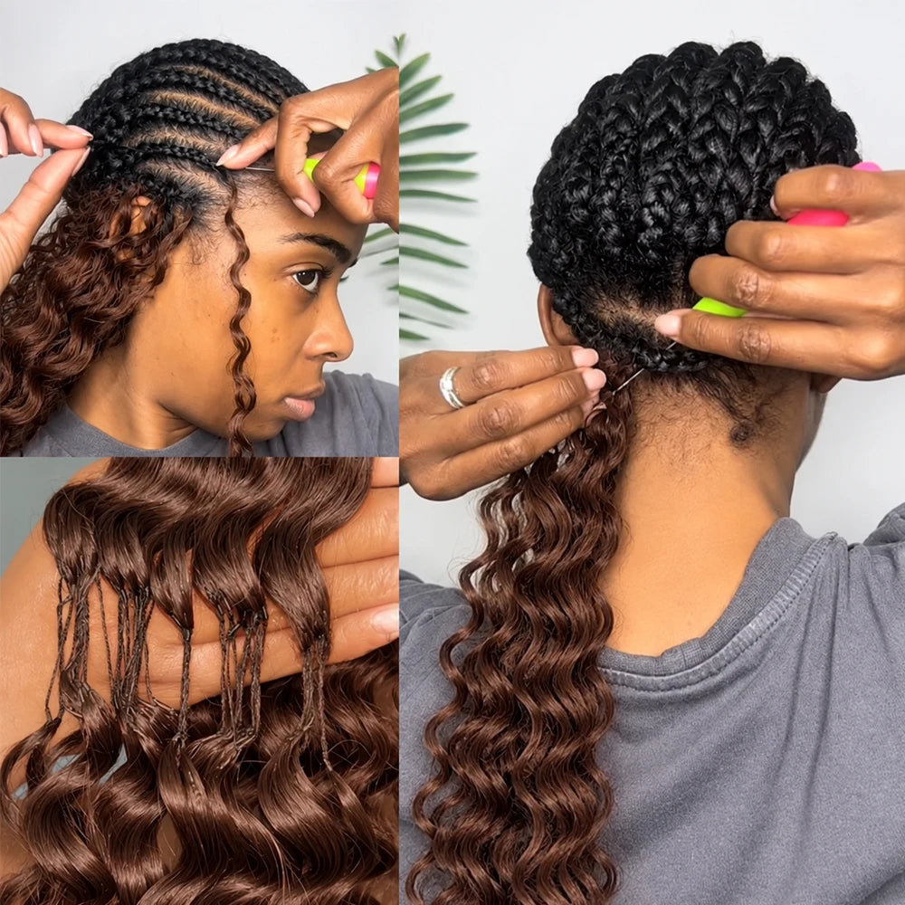 #4 Brown Deep Wave Miracle Knots Human Crochet Hair Feather Knotless Pre-Separated Boho Braiding Hair Raw Brazilian Virgin Human Hair Extensions Soft Natural Lightweight For Women