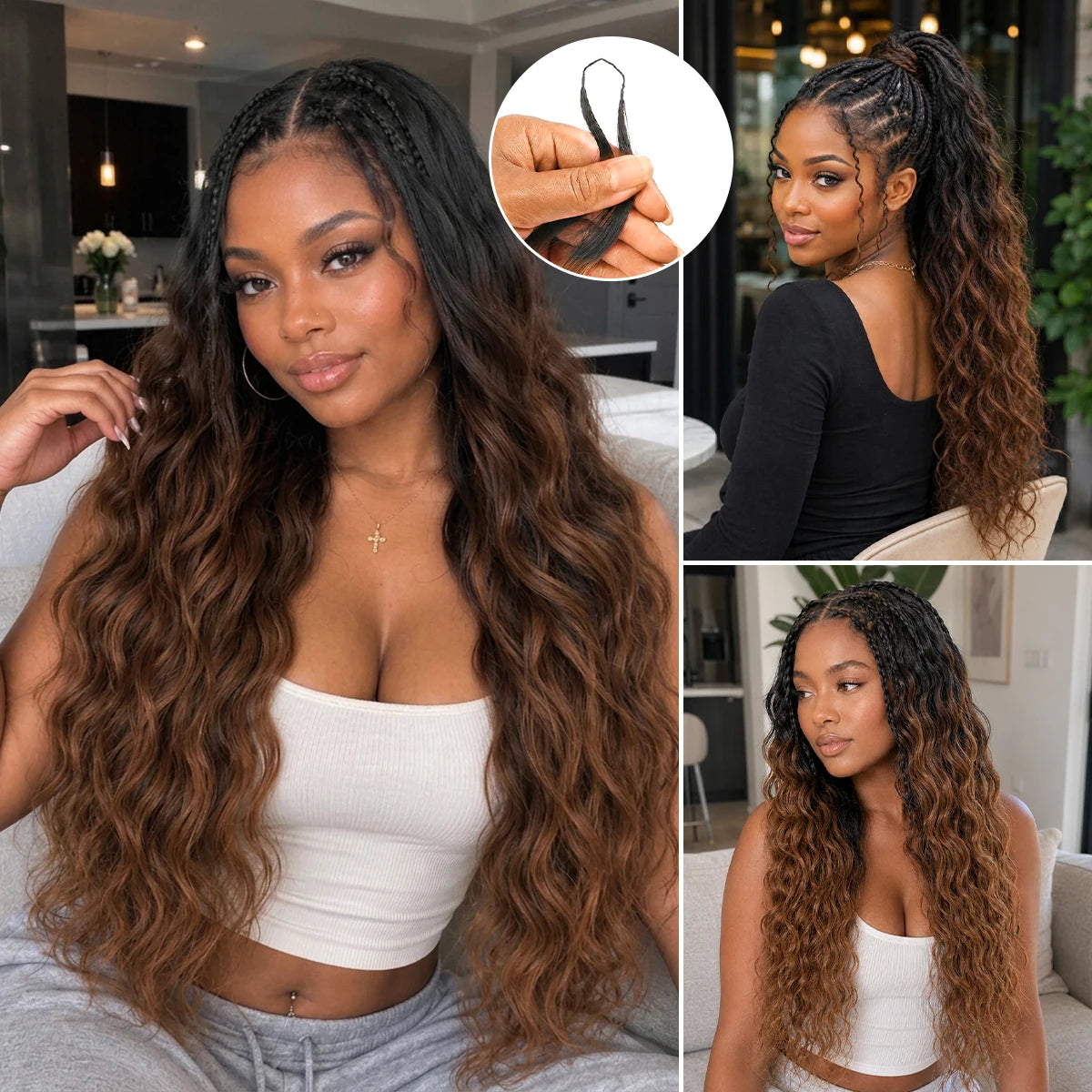 TB30 T1B/30 Ombre Highlight Body Wave Crochet Human Hair Miracle Knots Feather Extensions Invisible Knotless Pre Separated Boho Braiding Hair Natural Texture Soft Bouncy For Women