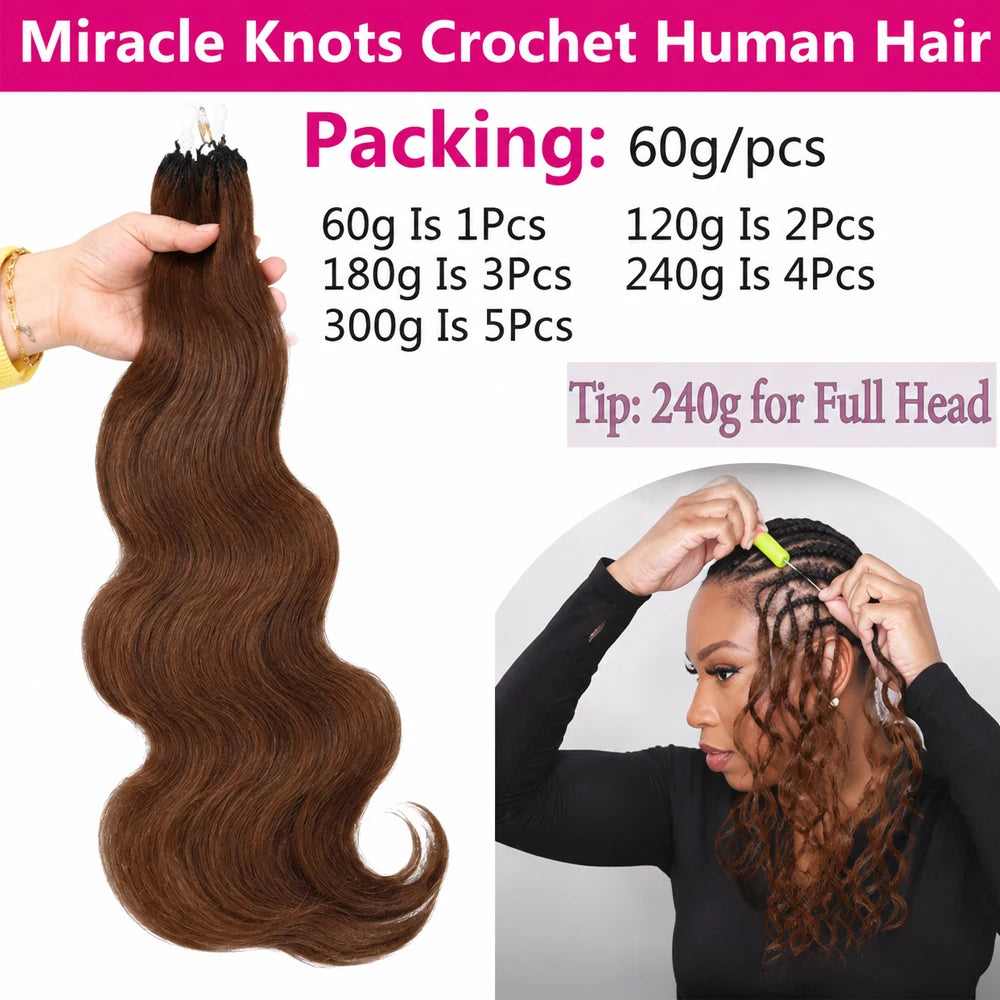 Brown Virgin Human Hair Feather Miracle Knots Body Wave Crochet Hair Extensions Knotless Pre Separated With Threading Lightweight Braiding Hair For Boho Braids Fashion Hairstyles For Women