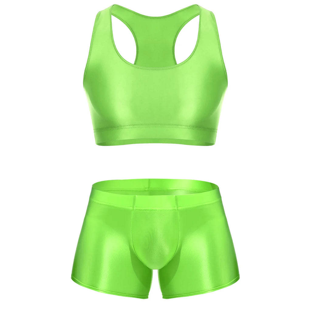 Men Glossy Stretchy Fitness Outfit U Sleeveless Crop Top Vest And Low Rise Boxer Nightwear Underwear Bathing Suit Workout Wear