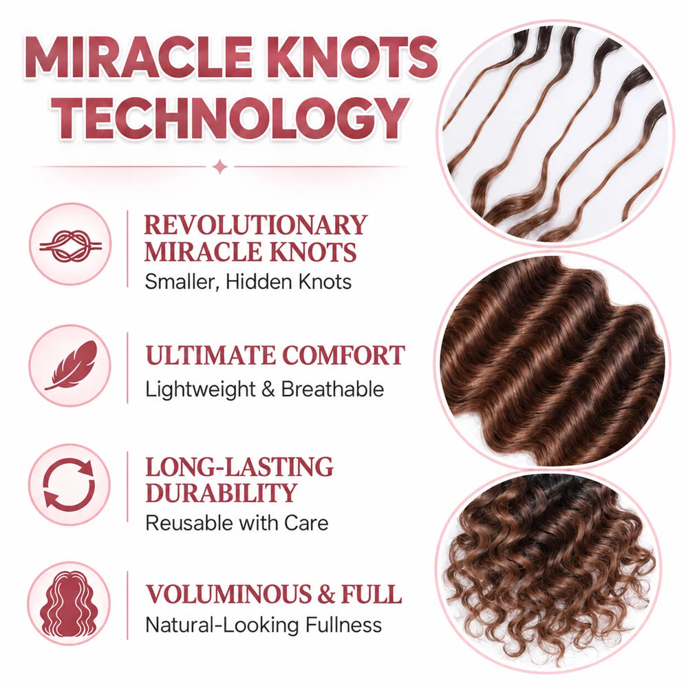 Miracle Knots #4 Brown Deep Wave Crochet Human Hair Pre Separated Feather Extensions Knotless Invisible Virgin Remy Soft Natural Wavy Texture Lightweight Boho Braiding Hair DIY Protective Style