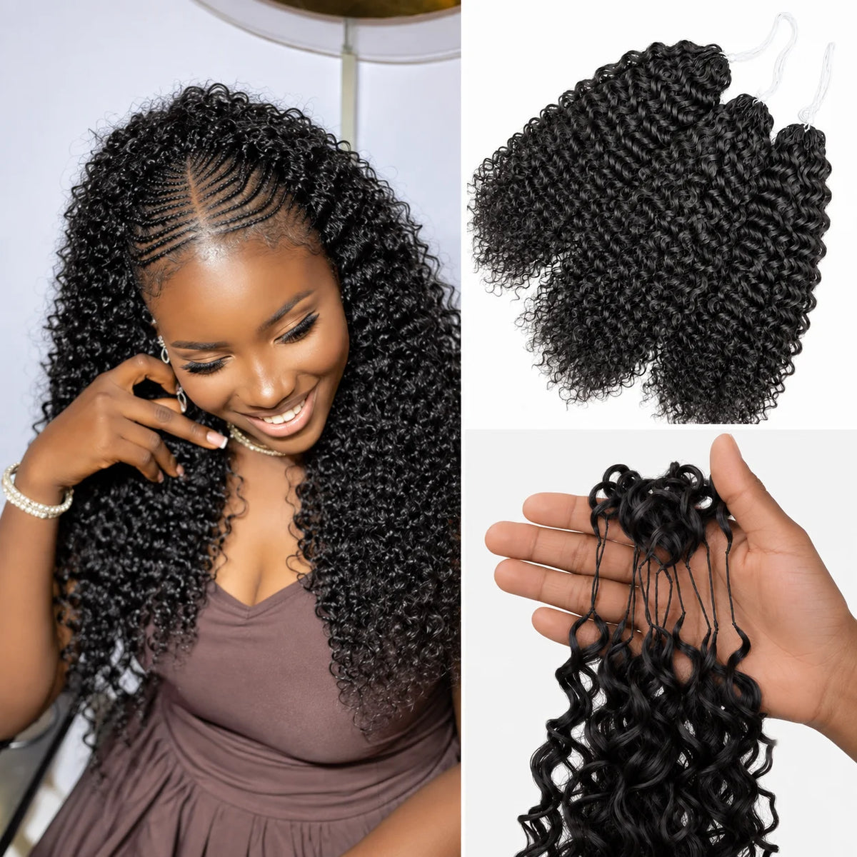 Kinky Curly Human Hair Crochet Extensions Small Spiral Curls Feather Crochet Braiding Hair Miracle Knots Pre Separated Invisible Knotless Seamless Hair Soft Full Natural Texture Easy Install Reusable