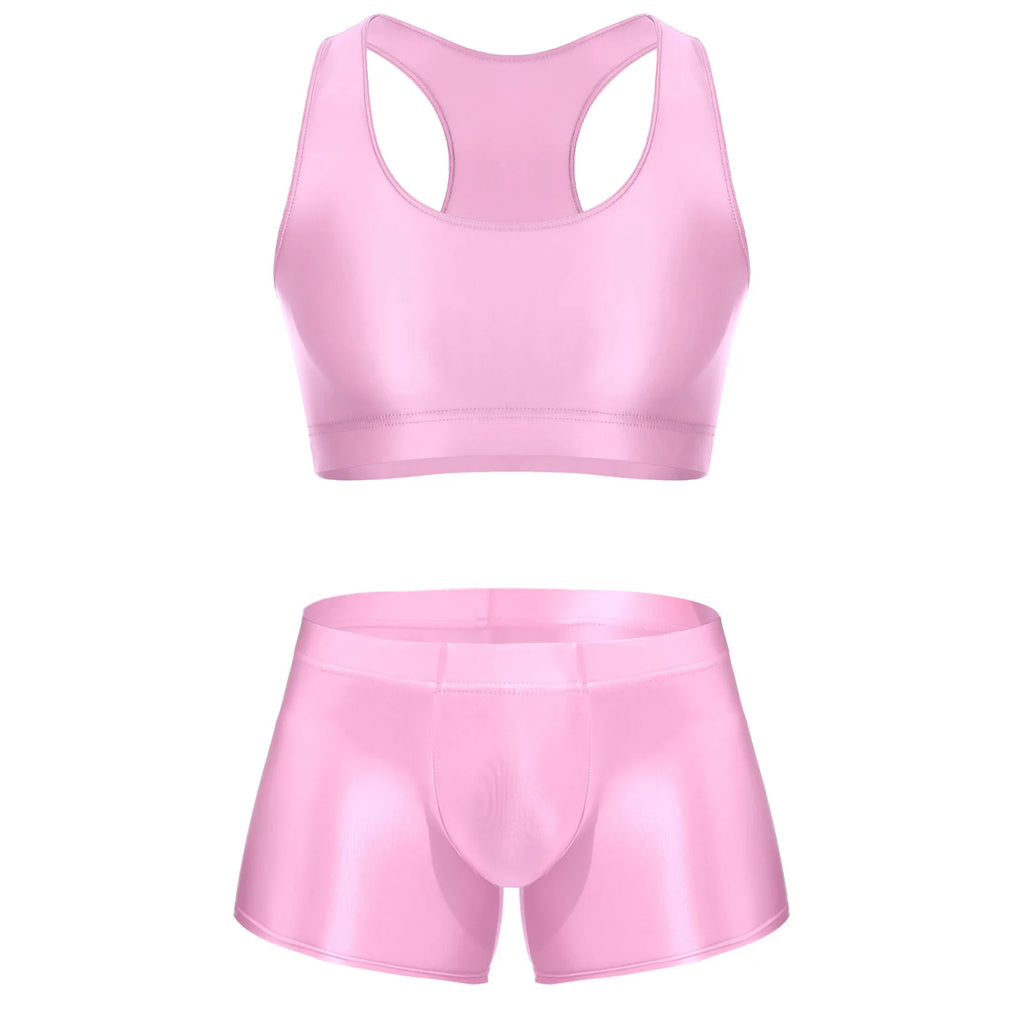 Men Glossy Stretchy Fitness Outfit U Sleeveless Crop Top Vest And Low Rise Boxer Nightwear Underwear Bathing Suit Workout Wear