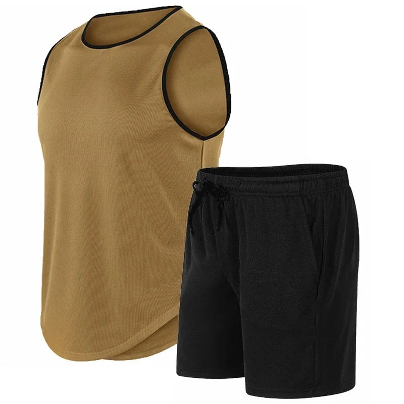 Summer New Men's Fashionable Breathable Speed Drying Sleeveless Round Neck T-shirt Set Outdoor Running Sportswear