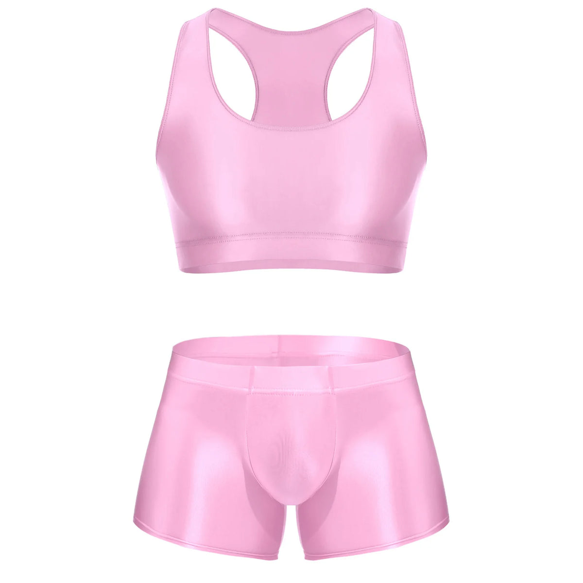 Men Glossy Stretchy Fitness Outfit U Sleeveless Crop Top Vest And Low Rise Boxer Nightwear Underwear Bathing Suit Workout Wear