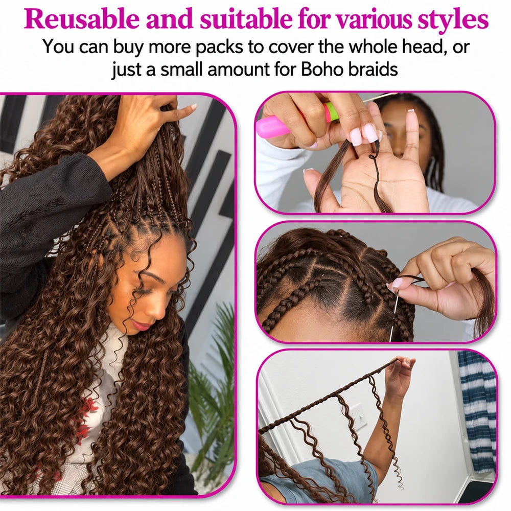 #4 Brown Deep Wave Miracle Knots Human Crochet Hair Feather Knotless Pre-Separated Boho Braiding Hair Raw Brazilian Virgin Human Hair Extensions Soft Natural Lightweight For Women
