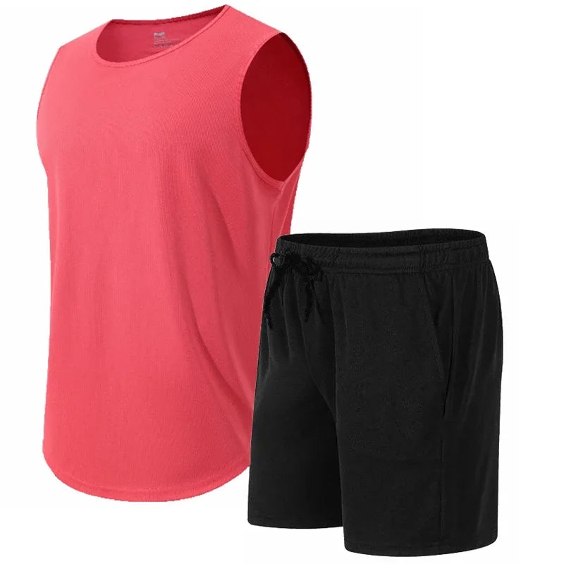 Summer New Men's Fashionable Breathable Speed Drying Sleeveless Round Neck T-shirt Set Outdoor Running Sportswear