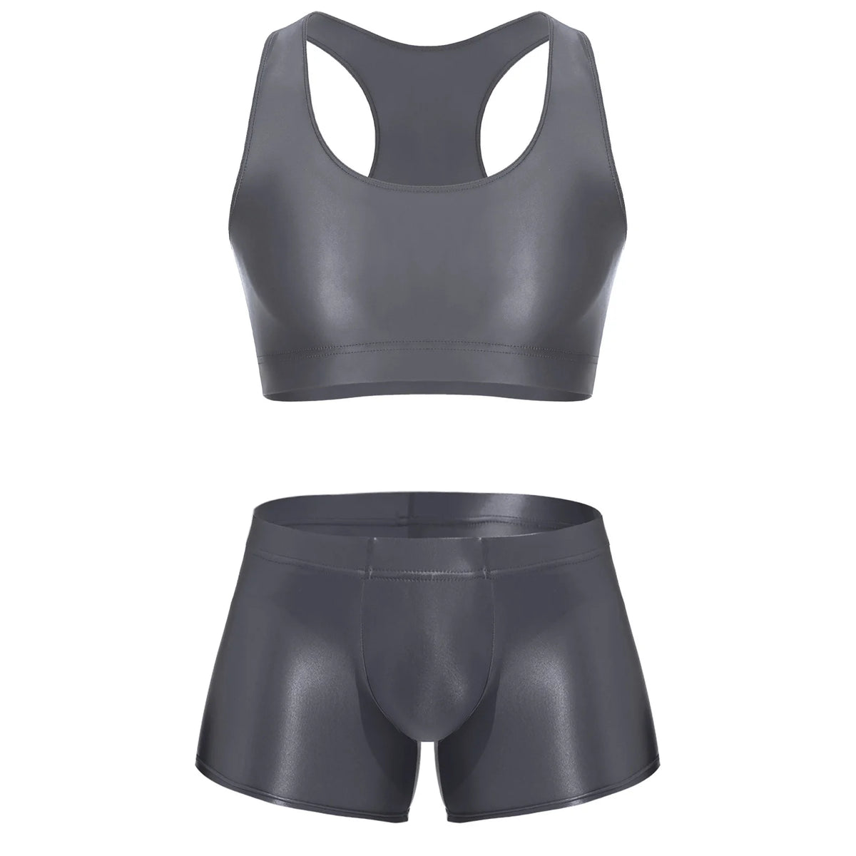 Men Glossy Stretchy Fitness Outfit U Sleeveless Crop Top Vest And Low Rise Boxer Nightwear Underwear Bathing Suit Workout Wear