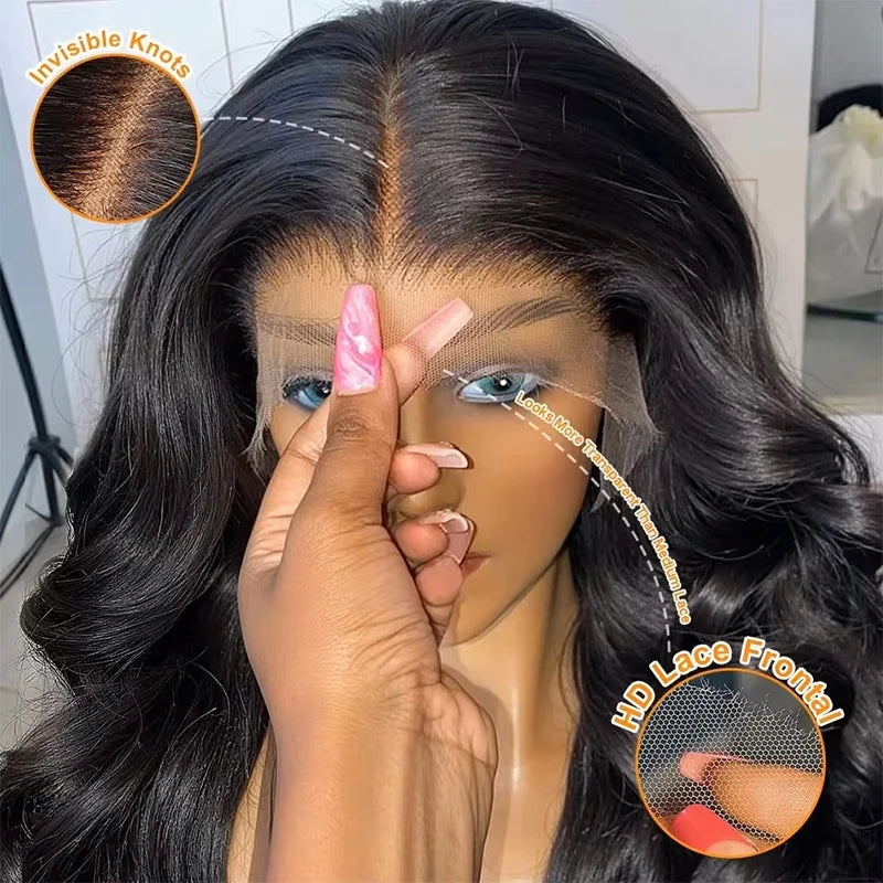 180-220% Density Natural Black 13x6 13x4 HD Transparent Lace Front Human Hair Wigs Body Wave Human Hair Wig 40 Inch #1B Wigs For Natural Look Human Hair Wigs For Women Water Wave Brazilian Pre-Plucked Prebleached Black Wig Promotional Sale