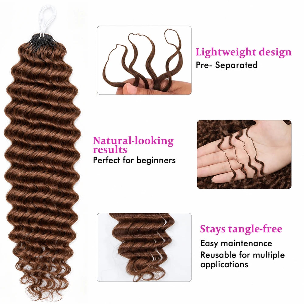 Miracle Knots #4 Brown Deep Wave Feather Crochet Human Hair Extensions Pre Separated Knotless Lightweight Soft Natural Brazilian Raw Virgin Hair Boho Braiding Hair 60g/60 Strands For Women