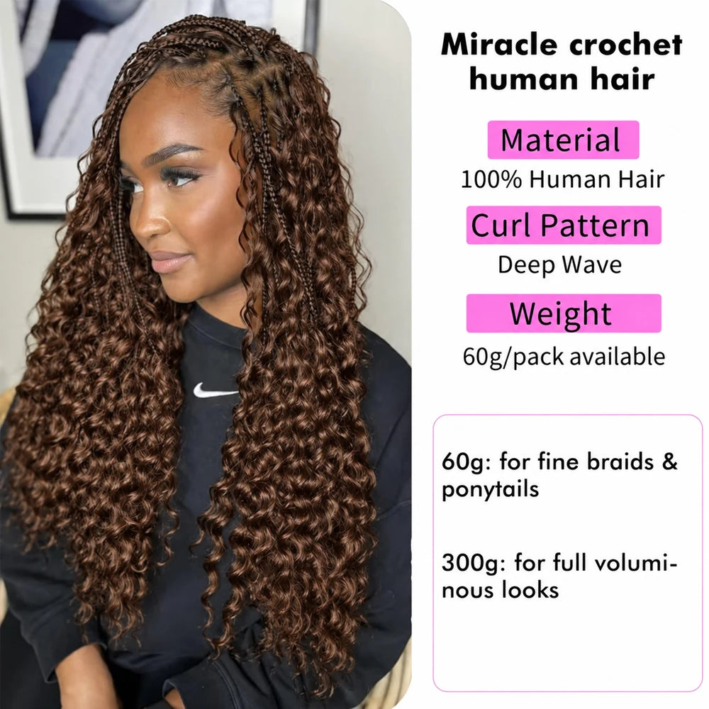 Miracle Knots #4 Brown Deep Wave Feather Crochet Human Hair Extensions Pre Separated Knotless Lightweight Soft Natural Brazilian Raw Virgin Hair Boho Braiding Hair 60g/60 Strands For Women
