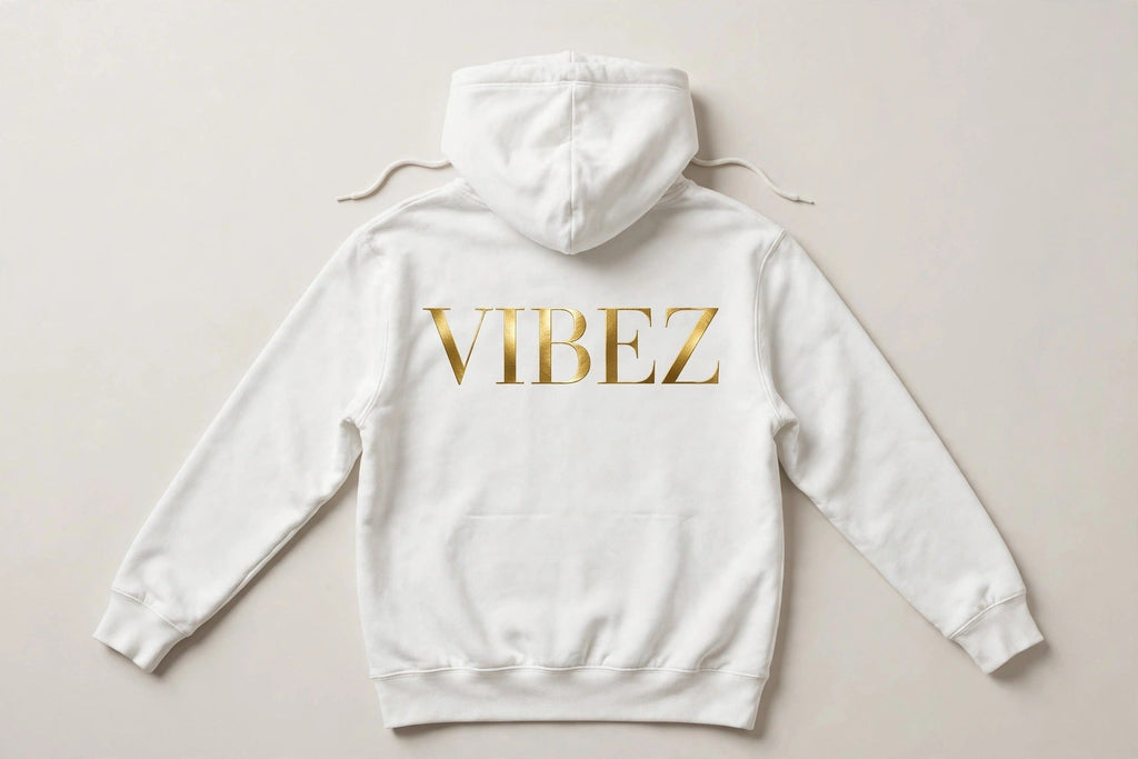 VIBEZ Hoodie White - Gold Chest Logo & Back Design Unisex