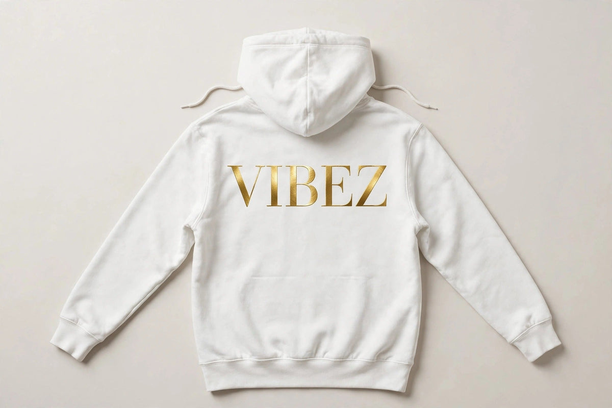 VIBEZ Hoodie White - Gold Chest Logo & Back Design Unisex