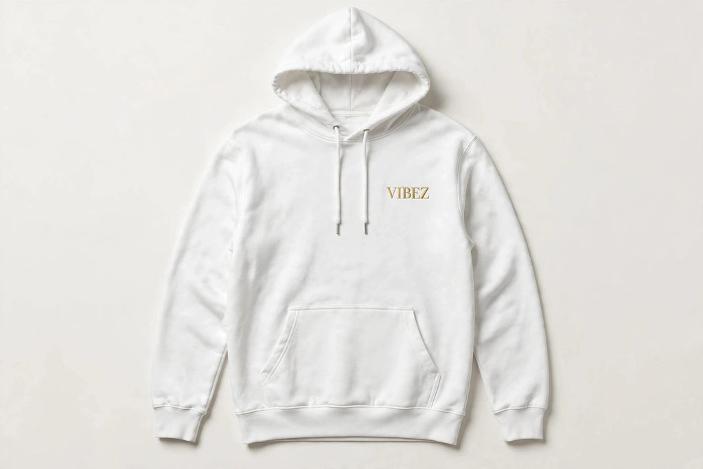 VIBEZ Hoodie White - Gold Chest Logo & Back Design Unisex