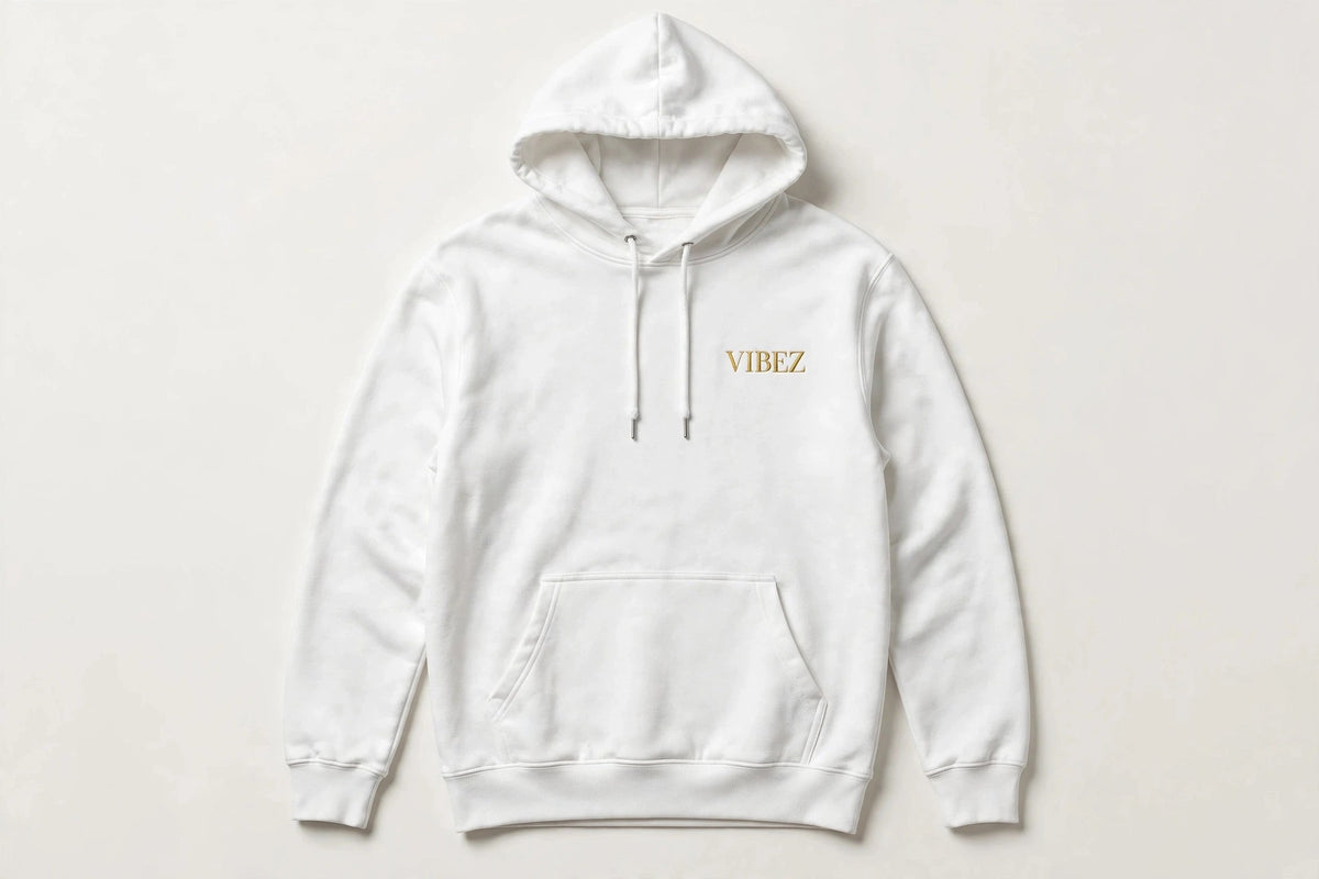 VIBEZ Hoodie White - Gold Chest Logo & Back Design Unisex