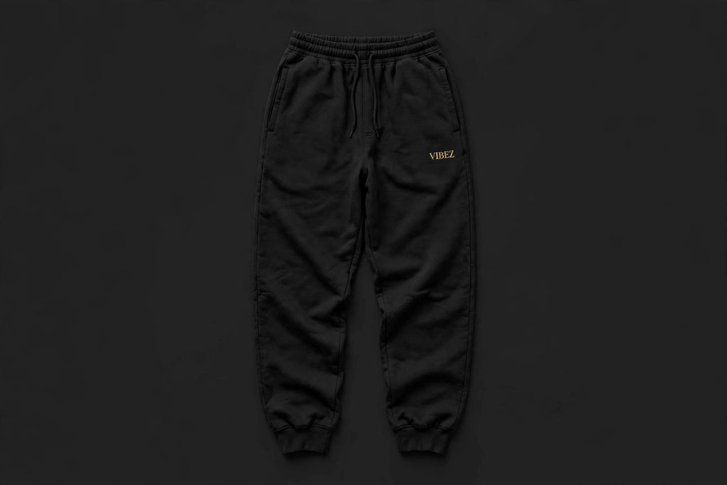 VIBEZ Essential Heavyweight Straight-Leg Sweatpants Black - Gold Thigh Logo Unisex
