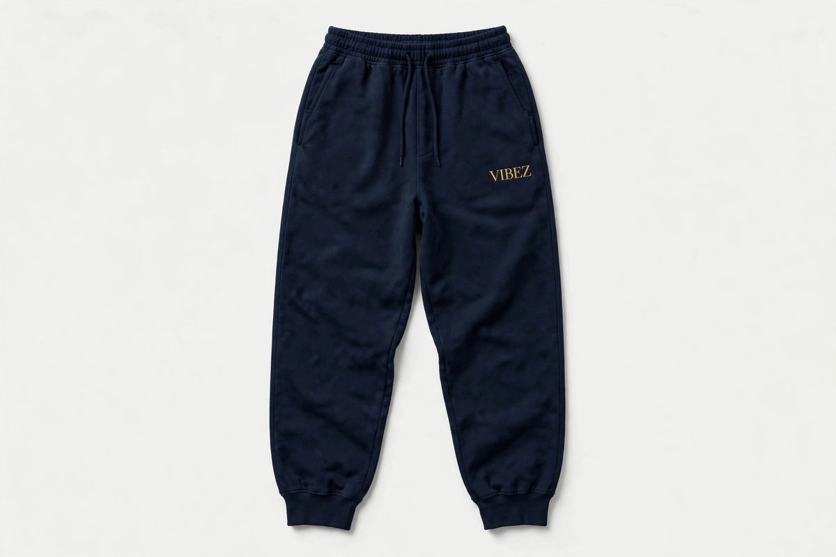 VIBEZ Essential Heavyweight Straight-Leg Sweatpants Navy - Gold Thigh Logo Unisex