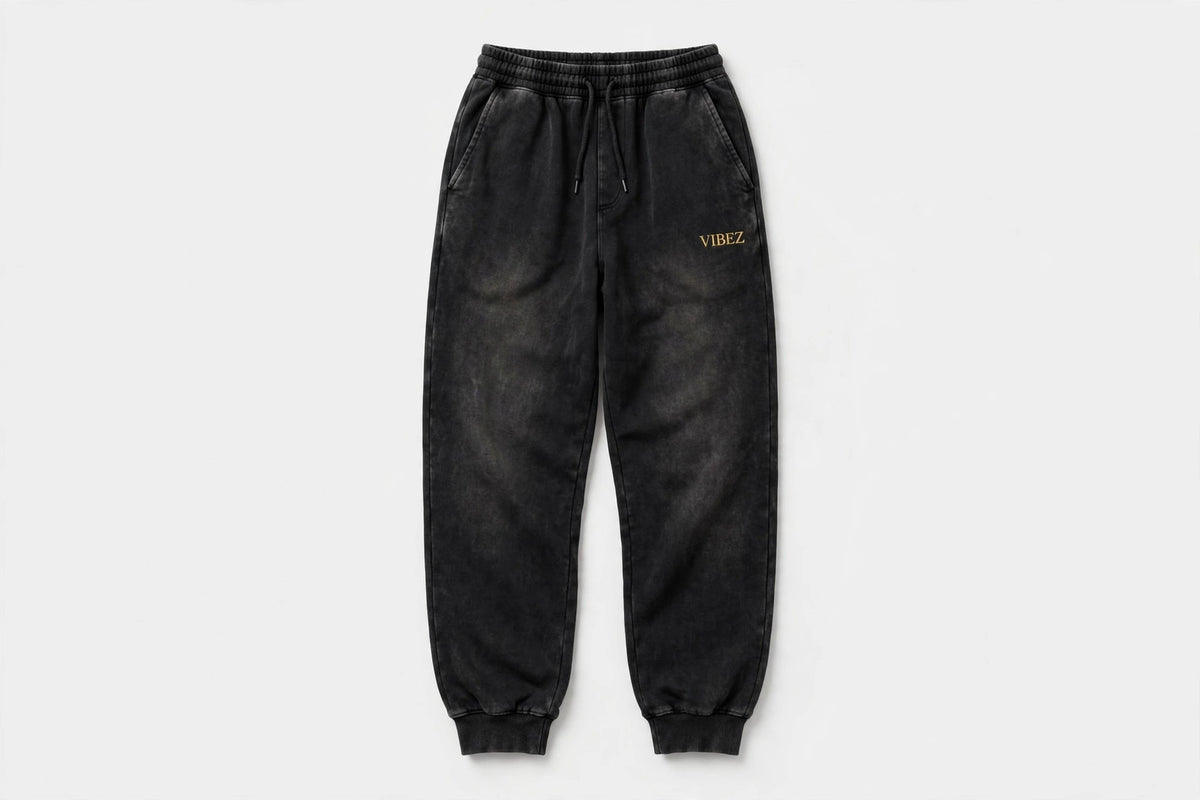VIBEZ Mineral Wash Straight Sweatpants Black - Gold Thigh Logo Unisex