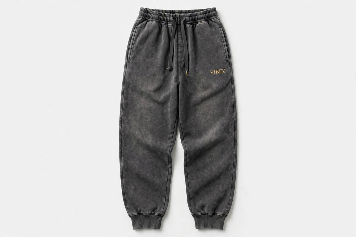 VIBEZ Mineral Wash Straight Sweatpants Gray - Gold Thigh Logo Unisex