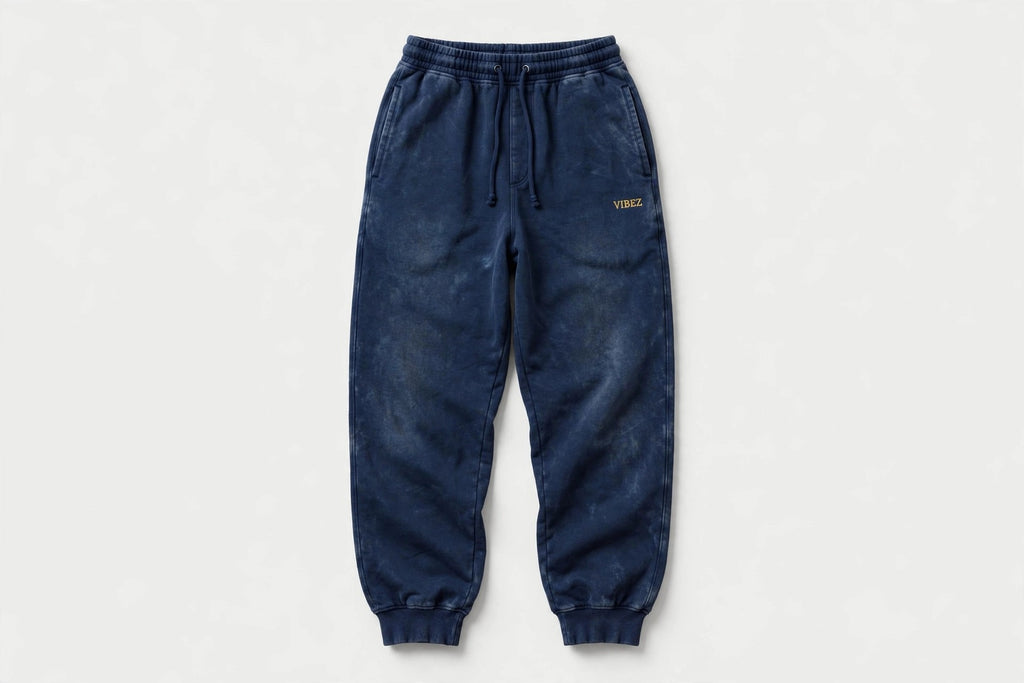VIBEZ Mineral Wash Straight Sweatpants Navy - Gold Thigh Logo Unisex