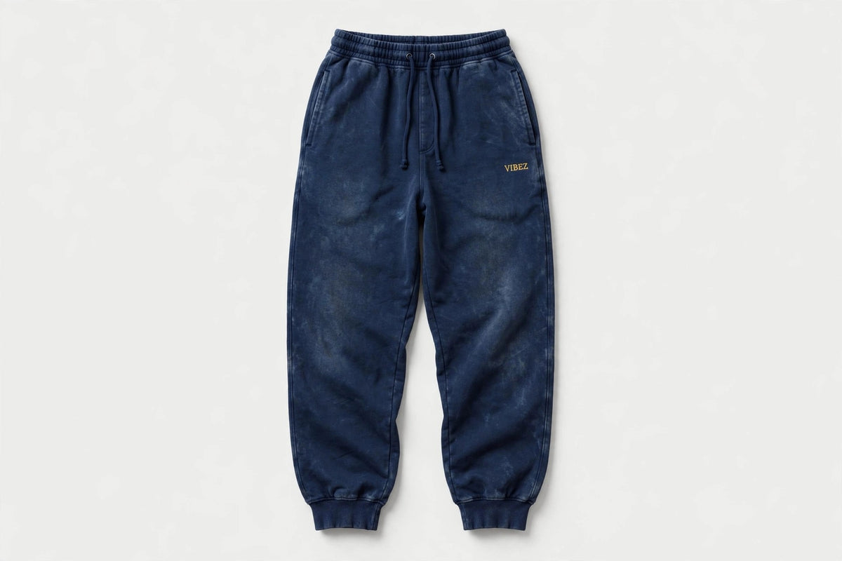 VIBEZ Mineral Wash Straight Sweatpants Navy - Gold Thigh Logo Unisex