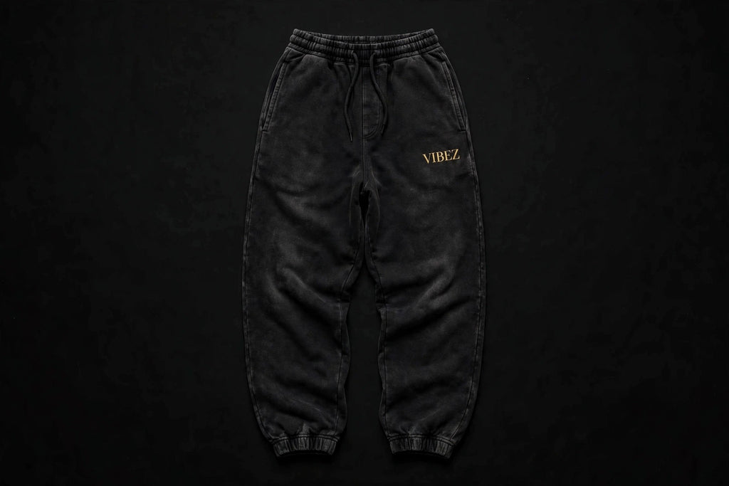 VIBEZ Heavyweight Vintage Wash Sweatpants Black - Gold Thigh Logo Unisex