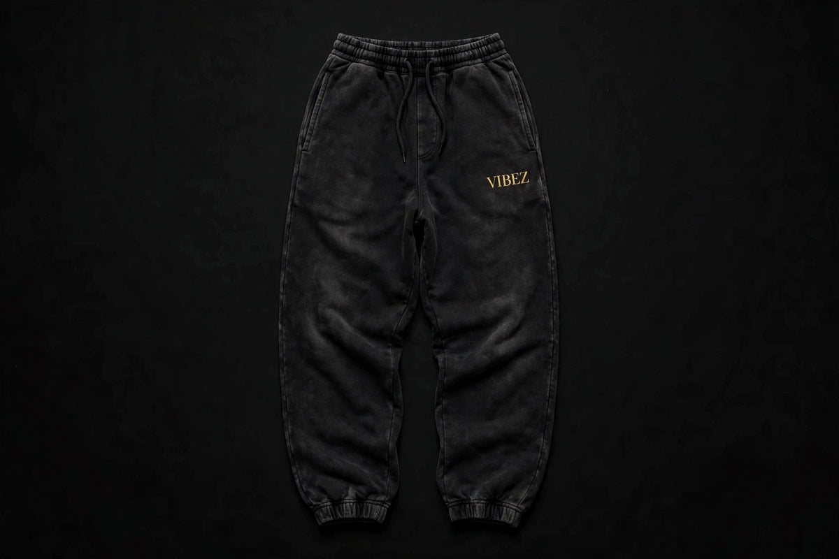 VIBEZ Heavyweight Vintage Wash Sweatpants Black - Gold Thigh Logo Unisex