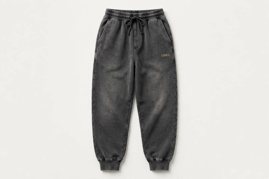 VIBEZ Heavyweight Vintage Wash Sweatpants Gray - Gold Thigh Logo Unisex