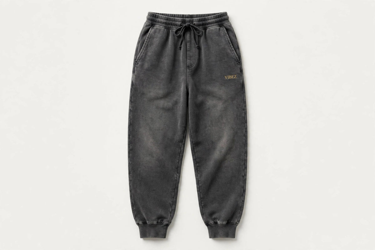 VIBEZ Heavyweight Vintage Wash Sweatpants Gray - Gold Thigh Logo Unisex