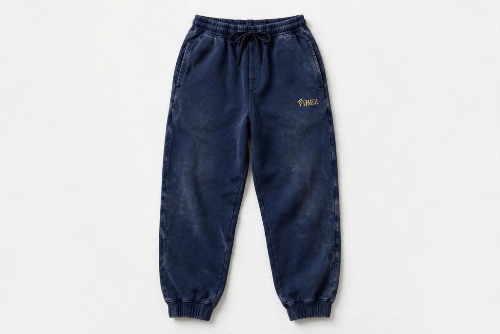 VIBEZ Heavyweight Vintage Wash Sweatpants Navy - Gold Thigh Logo Unisex