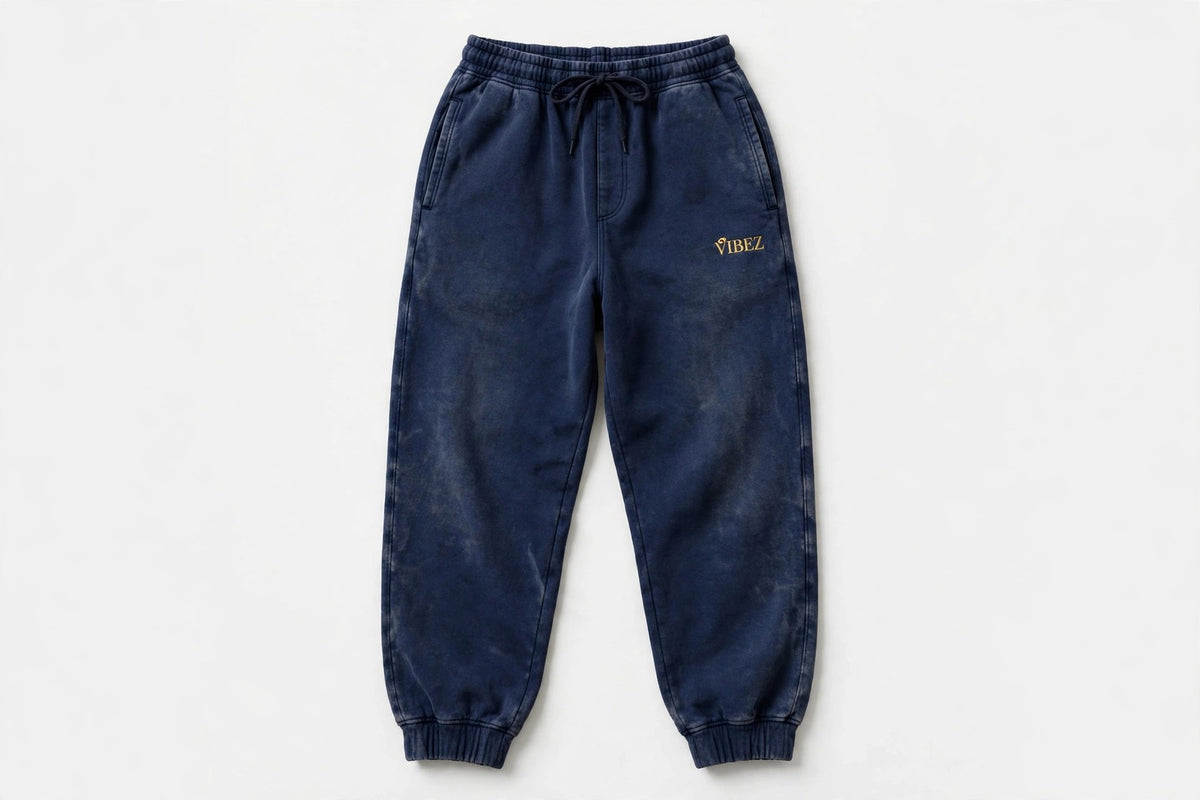 VIBEZ Heavyweight Vintage Wash Sweatpants Navy - Gold Thigh Logo Unisex